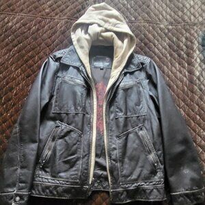 Vintage GUESS Mens Brown Leather Jacket (M) w/attached Hoodie